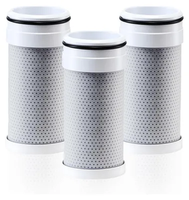 Three water filter cartridges arranged in a group.