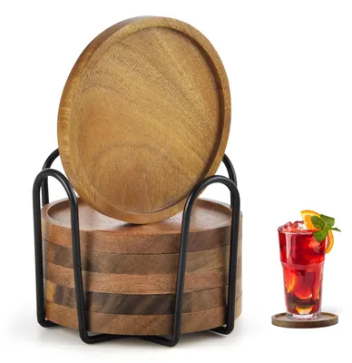 6er-Set runde Akazienholz-Untersetzer mit Halter, 10,7 cm