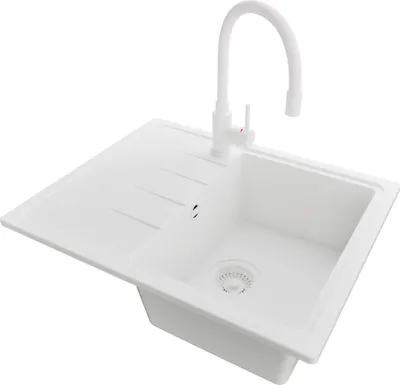 Produktbild von PRIMAGRAN Granitspüle Alles Weiß 62x50cm, Spülbecken 1 Becken + Küchenarmatur 38x14cm + Ablauf-Set, Küchenspüle ab 40er Unterschrank - Mailand