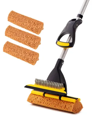 Sponsmopp mit 3 Schwammköpfen, Teleskopstiel 108–132 cm, Wischer, gelb-grau