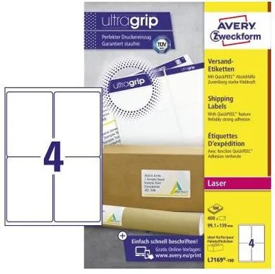 Produktbild von Avery L7169-100, Weiß, Papier, 100 Blätter, 139 mm, 99,1 mm, 400 Stück(e)