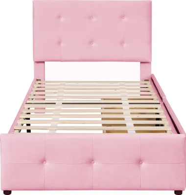 Produktbild von Merax Polsterbett 90x200cm mit höhenverstellbarem Kopfteil, Holzbett Einzelbett mit zwei Schubladen und Lattenrost, Samt Jugendbett Kinderbett, Rosa