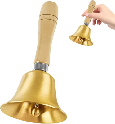 Produktbild von Tischglocke - Klassische Handglocke aus Messing mit Holzgriff - Für Empfang, Hotel und Veranstaltungen - Goldfarben