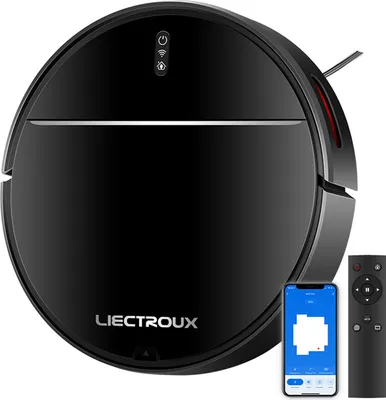 A black robot vacuum cleaner is shown with a smartphone displaying its app and a remote control.
