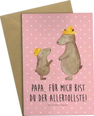 Produktbild von Mr. & Mrs. Panda Glückwunschkarte Bären mit Hut - Rot Pastell - Geschenk, Muttertag, Familie, Bär, hochzeitskarten, einladungskarten, Kinder, weihnachtskarten, Grußkarten