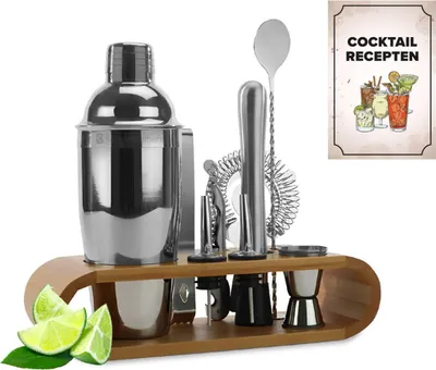 Produktbild von KitchenBrothers Cocktail Set - 11-teilig - Inkl. Cocktail Shaker (750 ml) - Komplett für Cocktailbar - Naturholz - Cocktailset - Mit Rezeptbuch - Geschenkverpackung