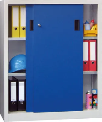 Produktbild von Schiebetürenschrank - Vollblechtüren - 1.200x1.000x400 mm (HxBxT) - 2 Böden, verzinkt - Zylinderschloss - reinweiß/lichtblau