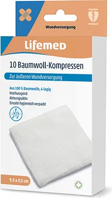 Produktbild von Lifemed Baumwoll-Kompressen 9,5 cm x 9,5 cm weiß 4-lagig 10er Pack (12 x 10 Stück = 120 Stück)