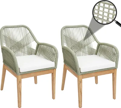 Produktbild von 2er-Set Gartenstuhl MCW-H56b, Sessel Outdoor, wetterfest Seilgeflecht Rope Holz Akazie grün Kissen creme