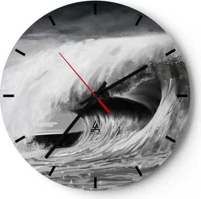 Produktbild von Wanduhr - Rund - Glasuhr - Welle Zeichnung Schwarzweiß - 30x30cm - Schleichendes Uhrwerk - Lautlos - zum Aufhängen bereit - Dekoration Modern - Wanddekoration aus Glas - C3AR30x30-4264