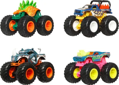 Image de Hot Wheels Monster Trucks à l'échelle 1:64, camions jouets, set de 4, roues énormes, personnages préférés et designs cools, JGD65