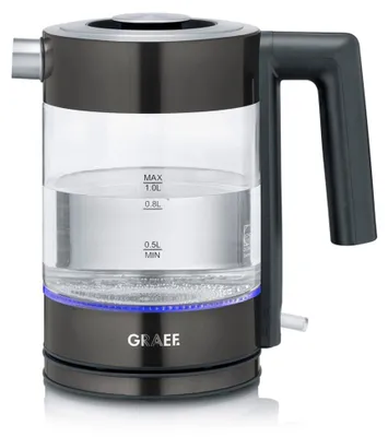 A glass electric kettle with a black base and handle, filled with water.