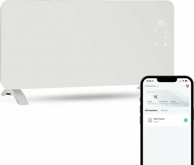 Produktbild von FlinQ Smart Konvektor Heizung 2000W - Glaskonvektor Mit App Steuerbar - Beheizt bis zu 60m3 - 96 x 46 x 13 cm - Weiß
