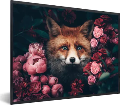 Produktbild von MuchoWow® Gerahmtes Poster Fuchs - Blumen - Tiere 40x30 cm - Poster mit Schwarzem Bilderrahmen Wandposter Rahmen Foto Bilder - Kunstposter - Wanddekorationen