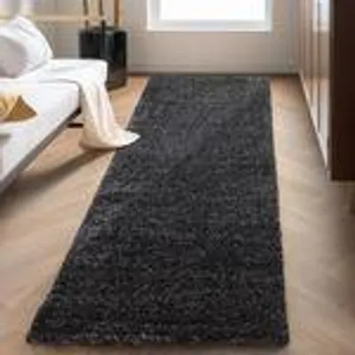 Produktbild von Teppich Wohnzimmer Hochflor Einfarbiges Design Langflor Shaggy Modern Flauschig, Größe: 80 x 250 cm, Farbe: Anthrazit