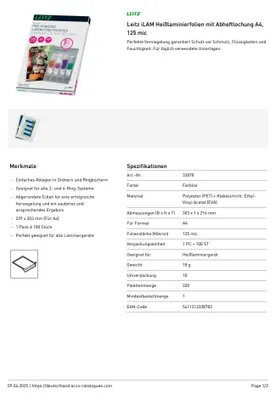 Productafbeelding van Leitz 33878: Foliohouder, 125 micron, voor A4-formaat, met perforatie, 100 stuks
