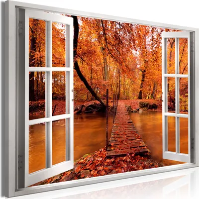 Produktbild von Modernes Wandbild Fensterblick 90x60 - 1 Teile Bilder Fotografie auf Vlies Leinwand Foto Bild Dekoration Wand Bilder Kunstdruck Wald Bäume Herbst c-C-0298-b-a