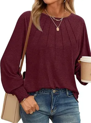 Image de ASKSA T-shirt femme col rond manches longues plissé Laessig Basic Bottoming Blouse Elegant Tunique Hauts (Bordeaux,XL)