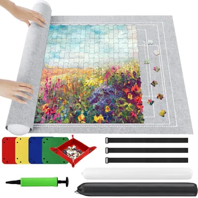Produktbild von Puzzlematte Puzzlerolle Aufbewahrung Grau 120x80 cm mit 4 Sortierern