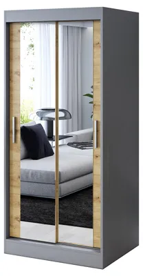 Produktbild von Kleiderschrank Anthrazit Matt & Artisan Eiche - 90x200cm - Schiebetürenschrank KARL - mit 2 Spiegeln - für Schlafzimmer & Garderobe