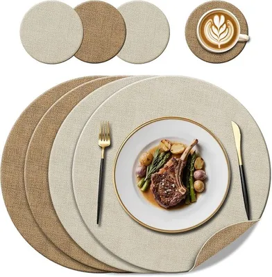 Produktbild von PolkaHome® 4 runde Lederplatzsets (38 cm) + 4 Untersetzer (10 cm) Set, hitzebeständig bis 100°C, rutschfest & abwaschbar, doppelseitige