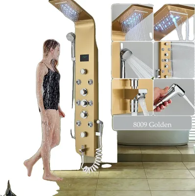 A collage of images showcasing a gold LED shower panel with a woman using it, close-ups of its features, and a bathtub.