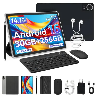 Produktbild von JENBIZZ Tablet 14 Zoll, 256 GB ROM, 30 GB RAM, 10000 mAh, 1920 x 1200 IPS-FHD-Display, Android 16, Wi-Fi 6, 2-in-1 mit Tastatur, Stift & Maus