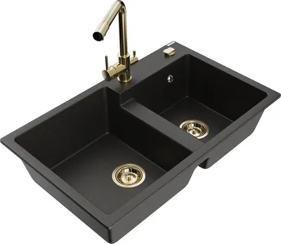 Produktbild von Mexen Tomas 2-Becken-Granitspüle mit Mischbatterie Duero, Schwarz/Gold metallisch - 6516-75-671600-50