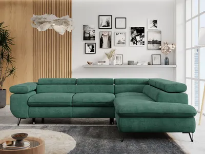 Produktbild von Ecksofa Sofa Grün, Wohnlandschaft L-Form mit Schlaffunktion und Bettkasten, Schlafsofa mit Bettkasten, Sofa mit Einstellbare Kopfstützen, Peter L - Grün Struktur - Rechts Grün