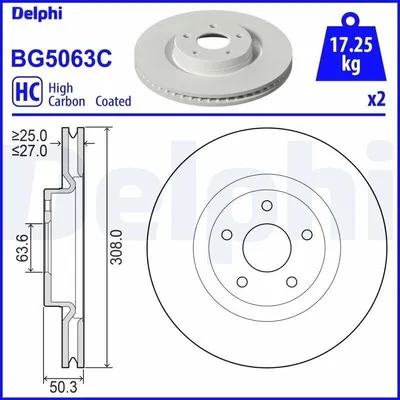 Produktbild von 2x DELPHI Bremsscheibe BG5063C für FORD Focus Mk4 Turnier (HP) Kuga Mk3 50 3mm