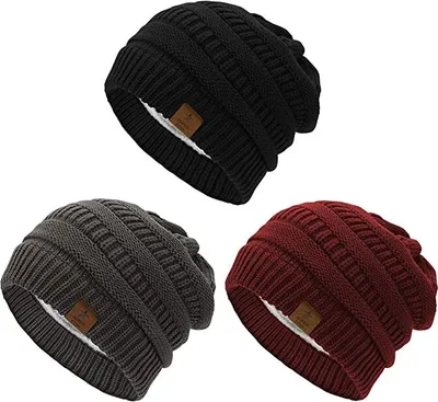 Produktbild von 3er Set Mütze Damen Winter Strickmütze Grobstrick Warme Beanie mit Innenfutter