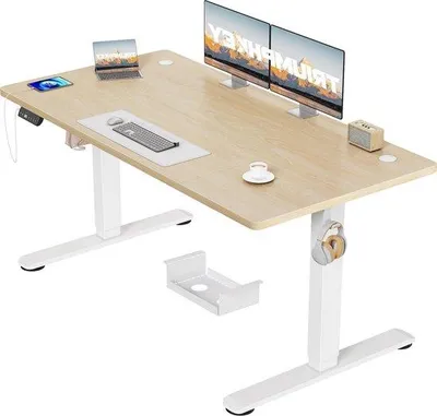 Obrázek produktu pro Elektrický psací stůl - Nastavitelný výškově - Pro práci z domova - S USB portem - 140 x 70 cm - Béžová barva
