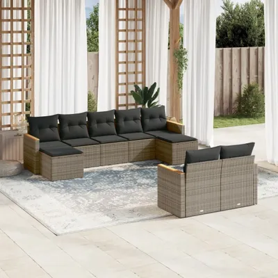 Produktbild von Design 9-tlg. Garten-Sofagarnitur mit Kissen Grau Poly Rattan, Gartenmöbel-Sets 2024 Neu