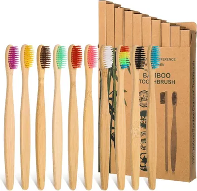 Image de lot de 10 brosses à dents en bambou pour adultes, poils mi-doux, respectueuses de l'environnement, sans BPA