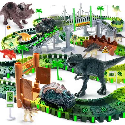 Dinosaurier-Rennbahn-Set, 218 Teile, DIY, mit 2 Dino-Autos