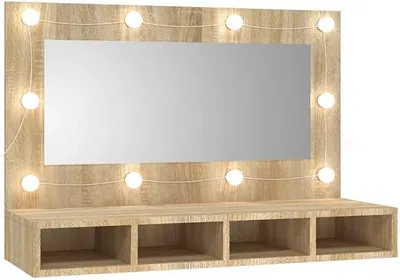 Productafbeelding van Badkamerspiegelkast met verlichting, gemaakt van houtvezel en acryl (eikenhout)