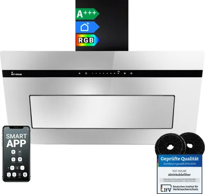 Produktbild von KKT KOLBE Dunstabzugshaube 90 cm Umluft Abluft Kopffrei Wandhaube Schwarz Glas Spiegel | Smart WiFi App WLAN Touch | RGBW LED-Beleuchtung | PLOOM9005M