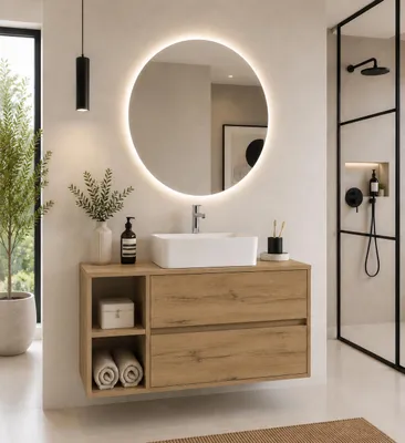 ORIGEN BATH ZEUS Holzplatten-Badmöbel mit Aufsatzbecken 120x45 cm, links, Estepa