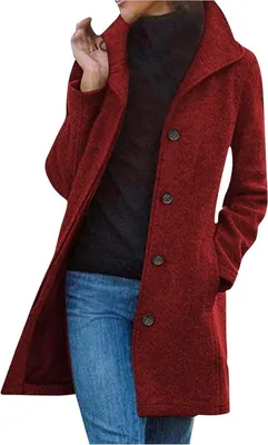 Produktbild von ASKSA Damen Warme Lang Herbst Mantel Locker Trenchcoat Longline Winterjacke Mit Taschen Wollmantel Hemdjacke Wool Coat,Weinrot,M