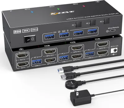 Produktbild von KC-KVM302AS Přepínač KVM se dvěma monitory USB 3.0 HDMI KVM přepínač 2 monitory 3 počítače 4K@60Hz 2K@144Hz, emulátor EDID, přepínač KVM se dvěma monitory a 4 porty USB 3.0