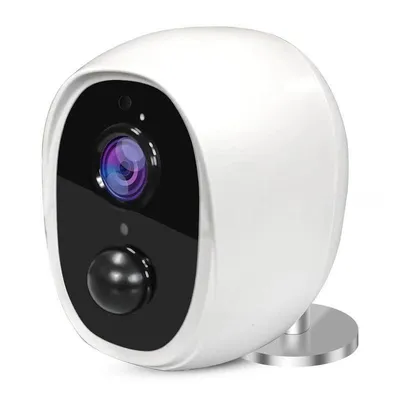 A white security camera with a black faceplate and a silver base, shown against a white background.