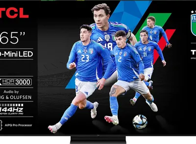 A television screen displaying a marketing image for a TCL TV featuring Italian football players.