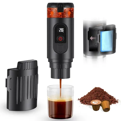 Produktbild von Tragbare Kaffeemaschine - Kabellose Espressomaschine - 2-in-1 - Kapseln und gemahlener Kaffee - 20 bar - 60-ml-Wassertank - 150-ml-Kaffeetasse - Schwarz
