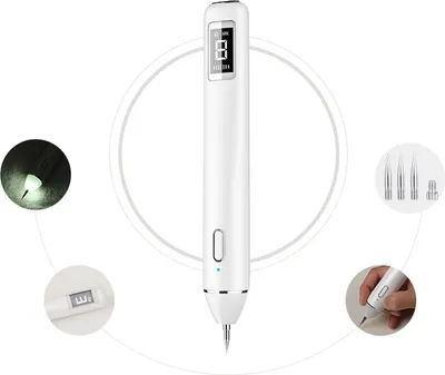 A white beauty pen with a digital display and interchangeable needles, shown with close-up views of its features and a hand holding it.