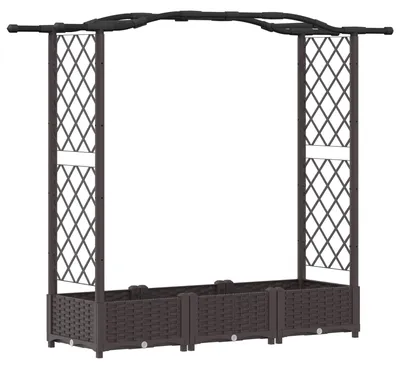 Zdjęcie produktu dla vidaXL Podwyższona grządka z kratką do pnączy i daszkiem, brązowa, 169 x 40 x 125 cm, PP