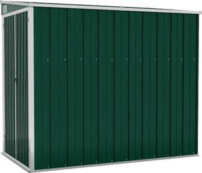 A dark green metal shed with silver trim, shown from the front.