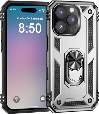 Immagine prodotto di Custodia rigida NALIA per iPhone 16 Pro – Supporto ad anello a 360° e per supporto magnetico – RINGDEFEND (Custodia da esterno resistente agli urti) – Marchio di Berlino – Argento