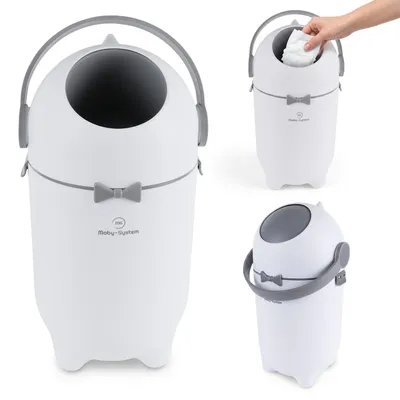 Produktbild von Moby System Windeleimer mit geruchsisolierender Trommel für 15-20 Windeln, weiß-grau, 26 × 47,5 cm, für Standardmüllbeutel mit Einhandbedienung