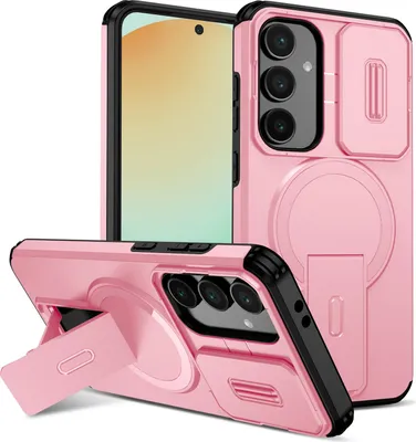Obrázek produktu pro Magnetické pouzdro pro Samsung Galaxy S24 FE, dvouvrstvé odolné pouzdro s posuvnou ochranou fotoaparátu a nastavitelným stojánkem Růžová