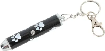 A black laser pointer with white paw prints and a silver tip, attached to a keychain.